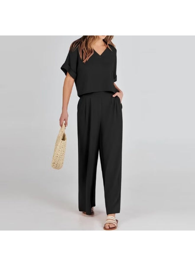 Barbora Elegant Women's T-Shirt and Long Pants Top and Bottom Two Piece Set V Neck Short Sleeve Casual Casual Dress LN27BLACK - Image 2